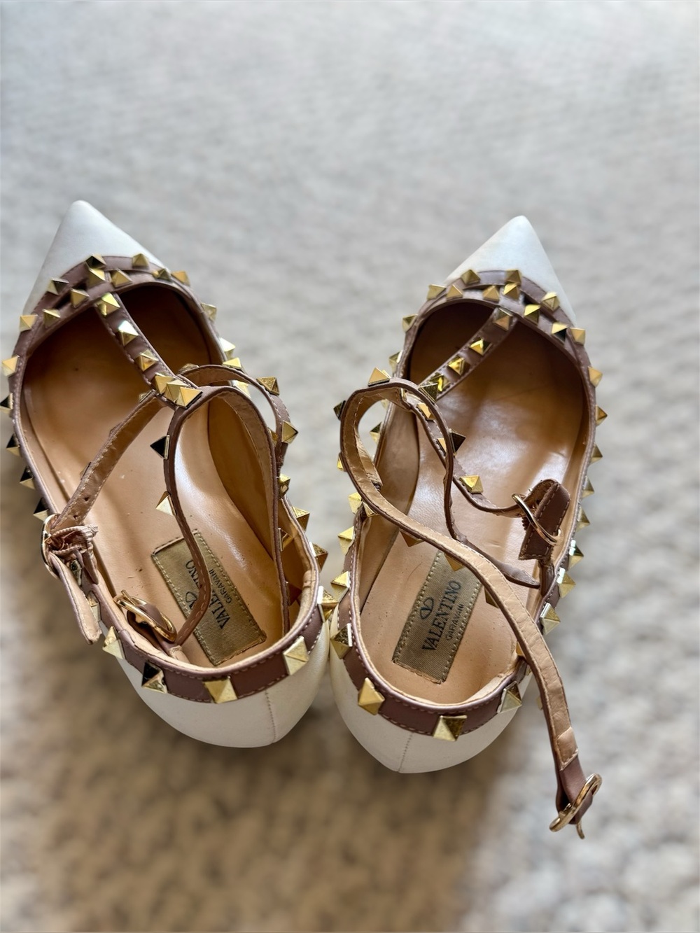 Valentino White Leather Studded Pointed-Toe Flats with Gold Studs